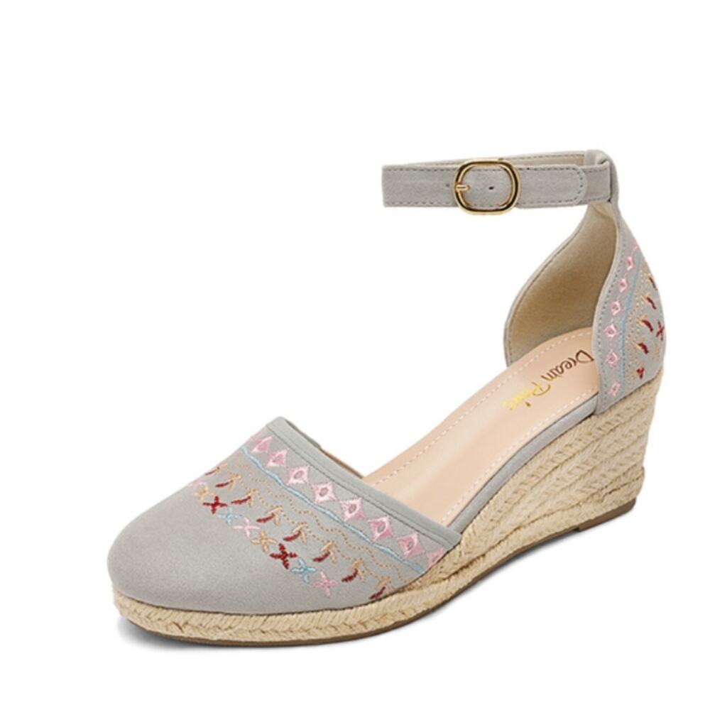 Dream Pairs Gray Embroidered Ankle-Strap Espadrille Wedges